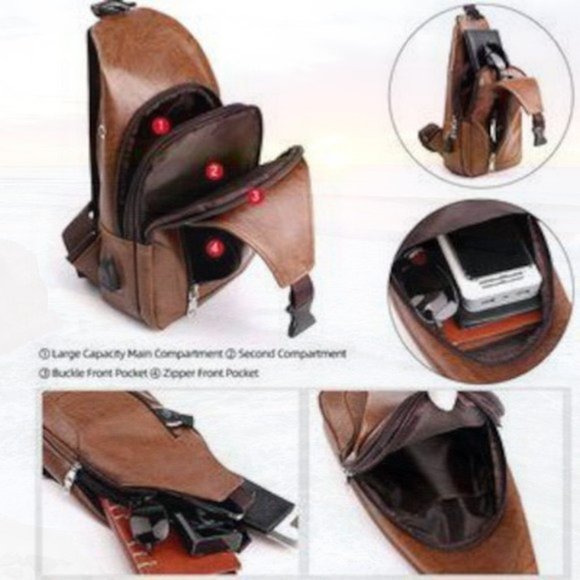 New Chest Bag with USB Charge Port Brown 247 - Picture 2 of 3